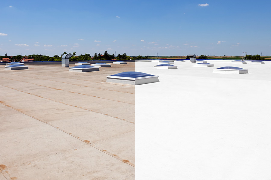 Before and after roof restoration - showing weathered flat roof transformed to bright white silicone coating